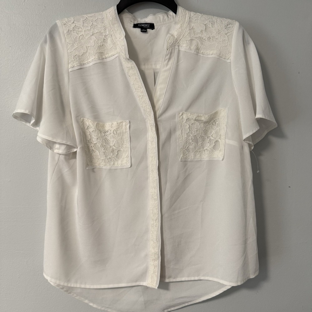 Elementz Womens Blouse Lightweight Ivory Lace Trimmed Hutton Up Short Sleeved 1X
